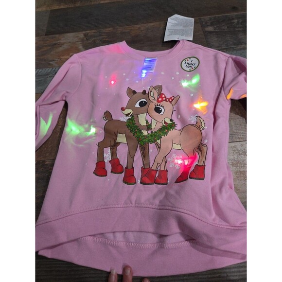New X Large Rudolph Red Nosed Reindeer Pink Girls Christmas Sweatshirt Light Up. - Picture 5 of 10